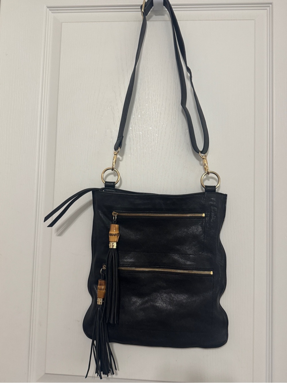 Sorial New York Boho Bamboo Tassel Crossbody Bag Black Leather Leopard Print M